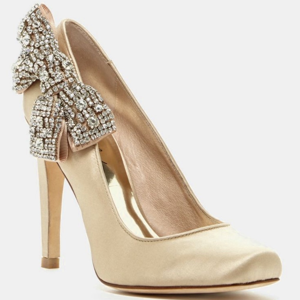 ABS Allen Schwartz Champagne Satin Rhinestone Bow Heels